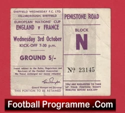 England v France 1962 - Ticket Hillsborough European Nations Cup - football memorabilia