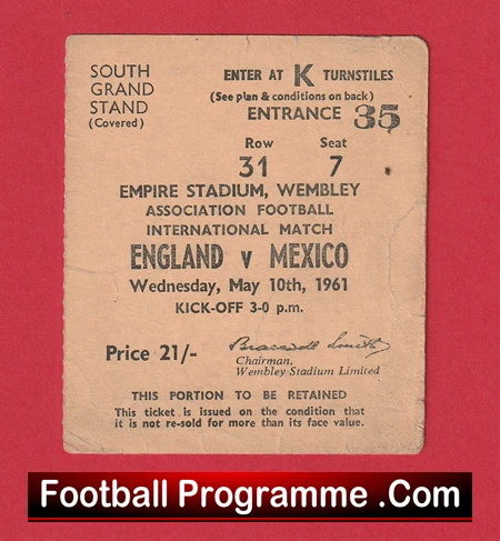 England v Mexico 1961 - Football Ticket Sir Bobby Charlton Hatrick - Image 2