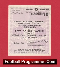 England v Rest Of The World 1963 - Football Ticket Bobby Charlton - football memorabilia