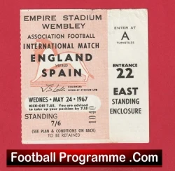 England v Spain 1967 - Football Ticket - football memorabilia