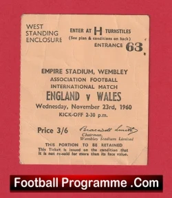 England v Wales 1960 - Football Ticket Stub - football memorabilia