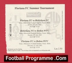 Floriana v Bolton Wanderers 2003 - Football Ticket - football memorabilia