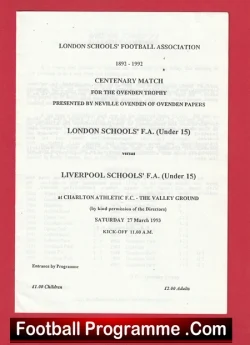 London Schools v Liverpool Schools 1993 - U15 at Charlton - football programme