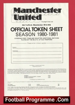 Manchester United Official Token Sheet 1980 - 1981 - football programme