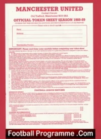 Manchester United Official Token Sheet 1988 – 1989