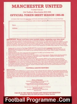 Manchester United Official Token Sheet 1985 - 1986 - football programme