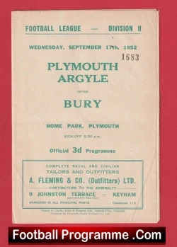 Plymouth Argyle v Bury 1952 - 1950s Programme - football programme
