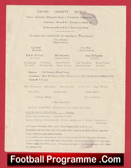 Plymouth Army Garrison v Royal Marines 1944 - War Time Football - Image 2