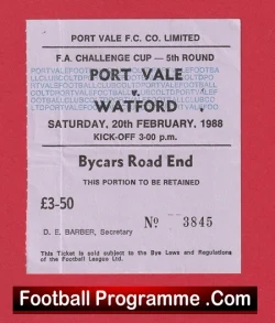 Port Vale v Watford 1988 - Football Ticket - football memorabilia