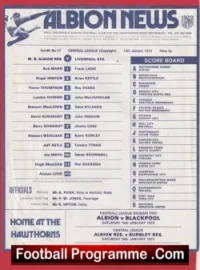 West Bromwich Albion v Liverpool 1974 – Reserves Match