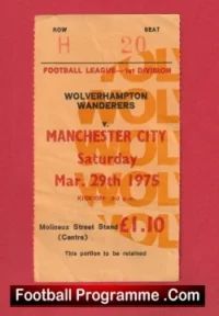 Wolverhampton Wanderers v Manchester City 1975 – Football Ticket