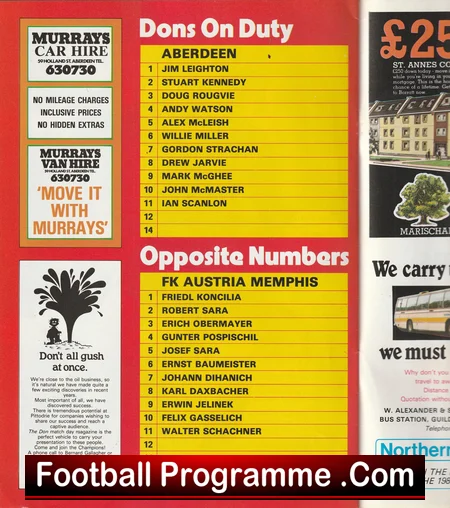 Aberdeen v Austria Memphis 1980 football programme
