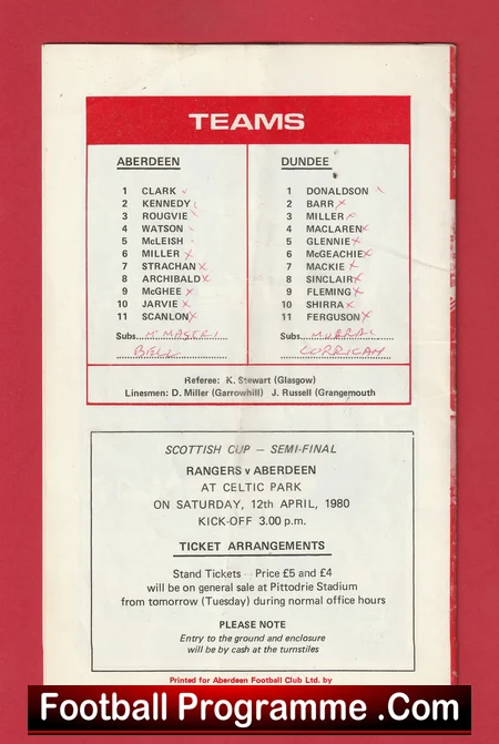 Aberdeen v Dundee 1980 football programme