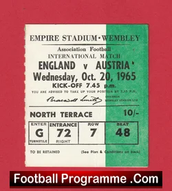 England v Austria 1965 - Football Ticket - football memorabilia