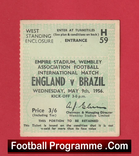 England v Brazil 1956 football ticket