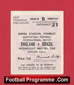 England v Brazil 1963 - Football Ticket - football memorabilia