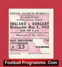 England v Hungary 1965 - Football Ticket - football memorabilia