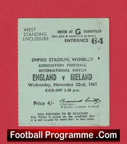 England v Northern Ireland 1961 - Football Ticket - football memorabilia
