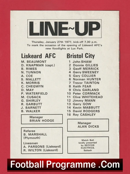 Liskeard Athletic v Bristol City 1977 football programme