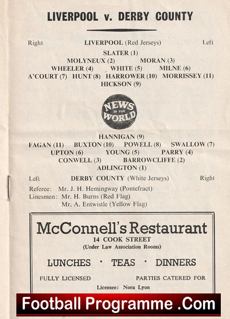 Liverpool v Derby County 1960 football programme