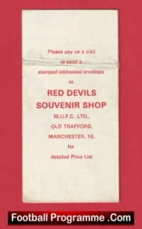 Manchester United Fixtures List Card 1969 – 1970