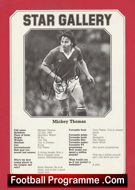 Manchester United Mickey Thomas Signed Star Gallery Picture Man Utd