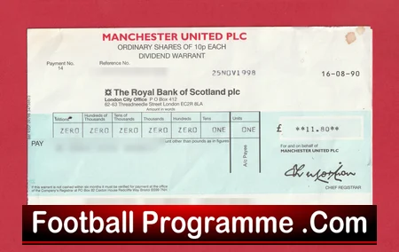 Manchester United PLC Dividend Warrant + Tax Voucher 1998 Man Utd Shares football memorabilia