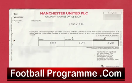 Manchester United PLC Dividend Warrant + Tax Voucher 1998 Man Utd Shares football memorabilia