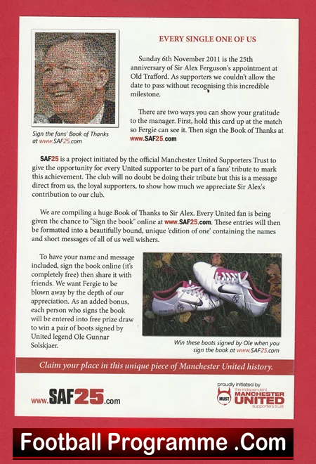 Manchester United Sir Alex Ferguson 25 Years Match Tribute Card 2011 - Image 3