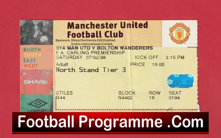 Manchester United v Bolton Wanderers 1998 football ticket