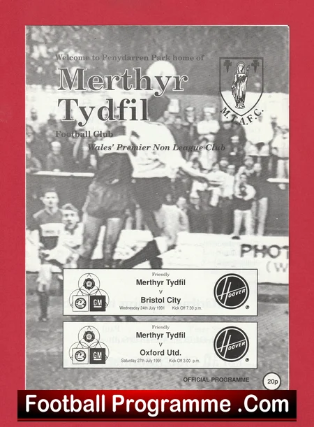 Merthyr Tydfil v Bristol City and Oxford United 1991 football programme