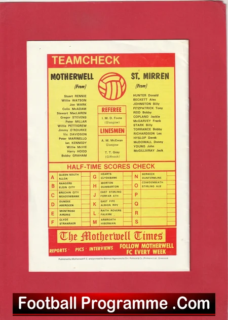 Motherwell v St Mirren 1977 Scottish Cup football programme