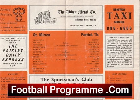 St Mirren v Partick Thistle 1976 football programme