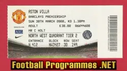 Manchester United v Aston Villa 2008 - Match Ticket