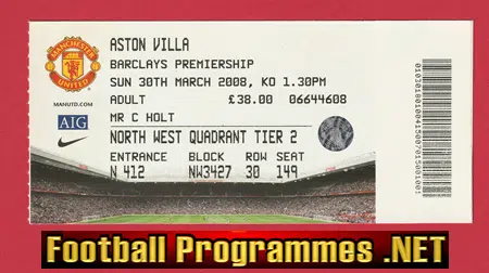 Manchester United v Aston Villa 2008 – Match Ticket