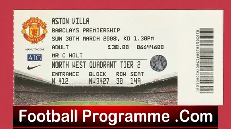 Manchester United v Aston Villa 2008 - Match Ticket