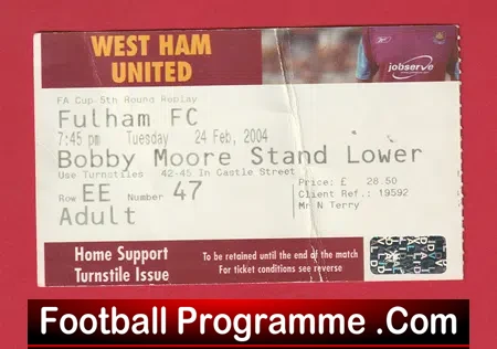 West Ham United v Manchester United 2004 – FA Cup Replay Ticket