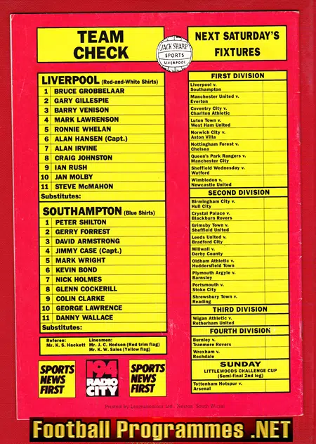 Liverpool v Southampton 1987 - League Cup Semi Final
