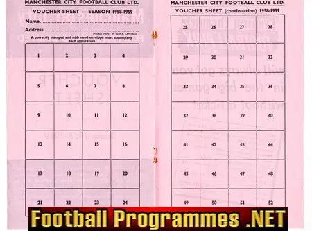 Manchester City Voucher sheet Football Season 1958 1959
