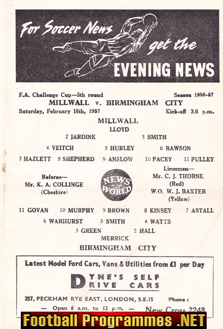 Millwall v Birmingham City 1957