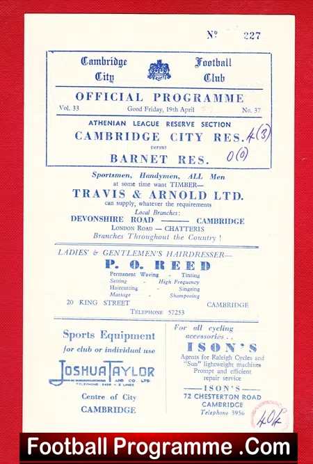 Cambridge City v Barnet 1955 – Reserves Match 1950s