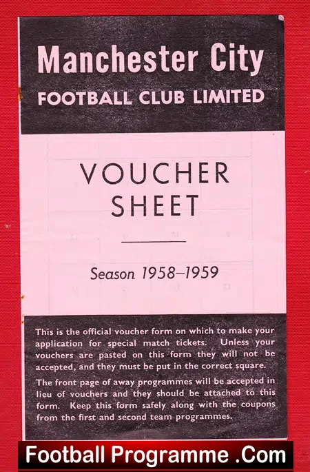 Manchester City Voucher sheet Football Season 1958 1959