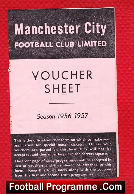 Manchester City Voucher sheet Football Season 1956 1957