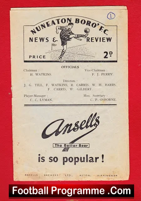Nuneaton Borough v Hednesfield 1950 – 1950s Football Programme