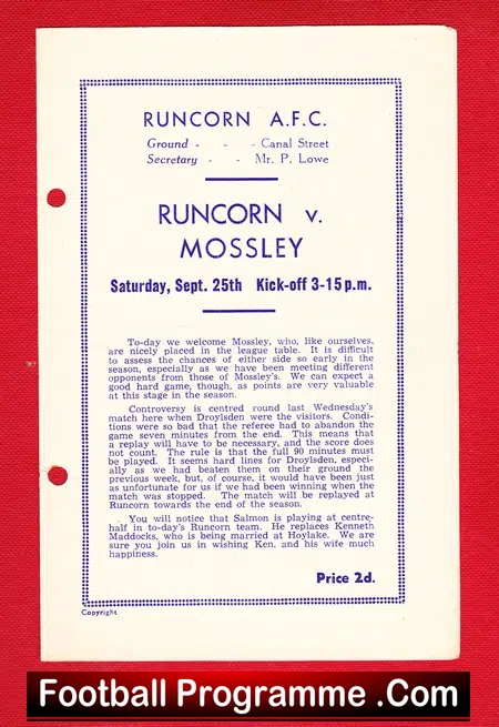 Runcorn v Mossley 1948 – 1940s Football Programme