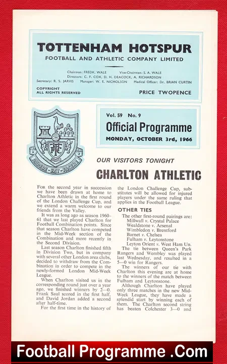 Tottenham Hotspur v Charlton Athletic 1966