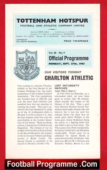 Tottenham Hotspur v Charlton Athletic 1965
