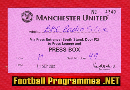 Manchester United 2002 Press ticket – 5 live Radio Ticket Stub
