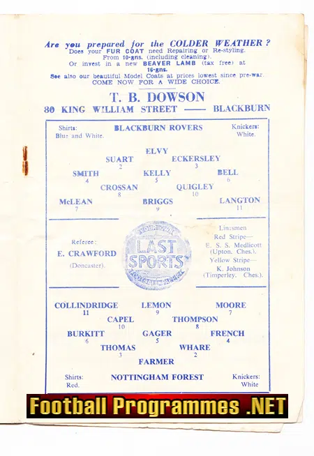 Blackburn Rovers v Nottingham Forest 1953