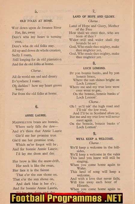 Wales v Scotland 1954 - Community Song Sheet